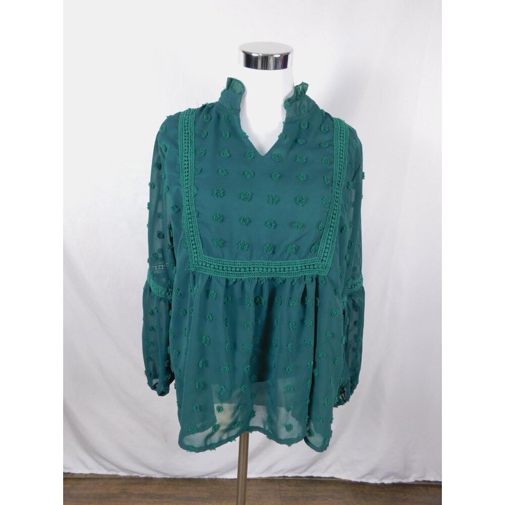 Swiss Dot Blouse Womens Medium Green Sheer Chiffon Ruffle Neck Boho Lace Trim